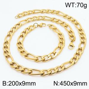 Stylish and minimalist 9mm stainless steel 3:1NK chain gold bracelet necklace two-piece set - KS203783-Z