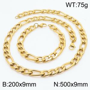 Stylish and minimalist 9mm stainless steel 3:1NK chain gold bracelet necklace two-piece set - KS203784-Z