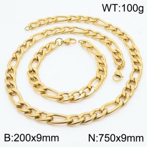 Stylish and minimalist 9mm stainless steel 3:1NK chain gold bracelet necklace two-piece set - KS203789-Z
