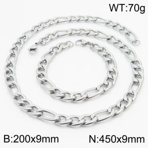 Stylish and minimalist 9mm stainless steel 3:1NK chain steel color bracelet necklace two-piece set - KS203790-Z