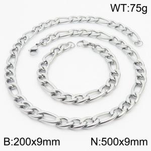 Stylish and minimalist 9mm stainless steel 3:1NK chain steel color bracelet necklace two-piece set - KS203791-Z