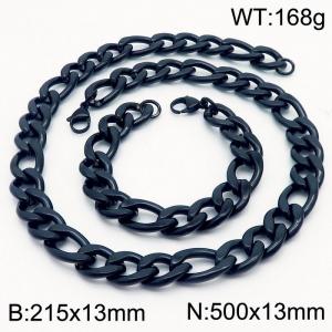 Stylish and minimalist 13mm stainless steel 3:1NK chain black bracelet necklace two-piece set - KS203819-Z