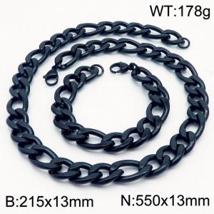 Stylish and minimalist 13mm stainless steel 3:1NK chain black bracelet necklace two-piece set - KS203820-Z