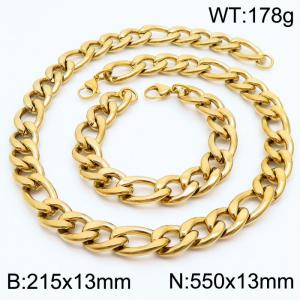Stylish and minimalist 13mm stainless steel 3:1NK chain gold bracelet necklace two-piece set - KS203827-Z