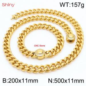 Unisex Gold-Plated Stainless Steel&CNC Stones Cuban Links&Round Clasp 500mm Necklace&200mm Bracelet Jewelry Set - KS203949-Z