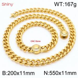 Unisex Gold-Plated Stainless Steel&CNC Stones Cuban Links&Round Clasp 550mm Necklace&200mm Bracelet Jewelry Set - KS203950-Z