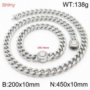 Unisex Stainless Steel&CNC Stones Cuban Links&Round Clasp 450mm Necklace&200mm Bracelet Jewelry Set - KS203955-Z
