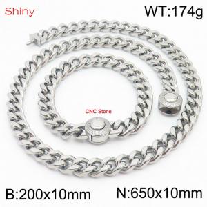 Unisex Stainless Steel&CNC Stones Cuban Links&Round Clasp 650mm Necklace&200mm Bracelet Jewelry Set - KS203959-Z