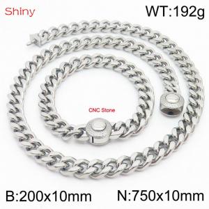 Unisex Stainless Steel&CNC Stones Cuban Links&Round Clasp 750mm Necklace&200mm Bracelet Jewelry Set - KS203961-Z