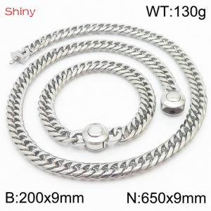 Silver Color Stainless Steel Cuban Chain 650×9mm Necklace 200×9mm Bracelet For Men Women Fashion Jewelry Sets - KS203980-Z