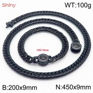 Black Color Stainless Steel Cuban Chain CNC Stone Clasp 450×9mm Necklace 200×9mm Bracelet For Men Women Fashion Jewelry Sets - KS203983-Z