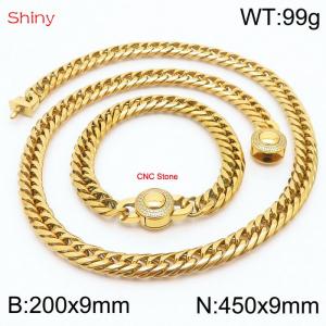 Gold Color Stainless Steel Cuban Chain CNC Stone Clasp 450×9mm Necklace 200×9mm Bracelet For Men Women Fashion Jewelry Sets - KS203990-Z