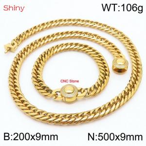 Gold Color Stainless Steel Cuban Chain CNC Stone Clasp 500×9mm Necklace 200×9mm Bracelet For Men Women Fashion Jewelry Sets - KS203991-Z