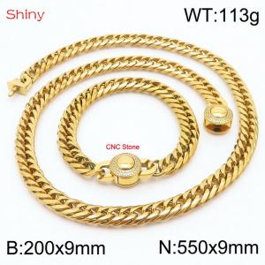 Gold Color Stainless Steel Cuban Chain CNC Stone Clasp 550×9mm Necklace 200×9mm Bracelet For Men Women Fashion Jewelry Sets - KS203992-Z