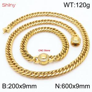 Gold Color Stainless Steel Cuban Chain CNC Stone Clasp 600×9mm Necklace 200×9mm Bracelet For Men Women Fashion Jewelry Sets - KS203993-Z