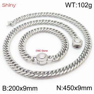 Silver Color Stainless Steel Cuban Chain CNC Stone Clasp 450×9mm Necklace 200×9mm Bracelet For Men Women Fashion Jewelry Sets - KS203997-Z