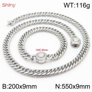 Silver Color Stainless Steel Cuban Chain CNC Stone Clasp 550×9mm Necklace 200×9mm Bracelet For Men Women Fashion Jewelry Sets - KS203999-Z