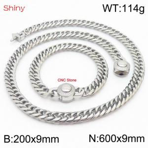 Silver Color Stainless Steel Cuban Chain CNC Stone Clasp 600×9mm Necklace 200×9mm Bracelet For Men Women Fashion Jewelry Sets - KS204000-Z