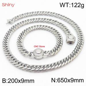 Silver Color Stainless Steel Cuban Chain CNC Stone Clasp 650×9mm Necklace 200×9mm Bracelet For Men Women Fashion Jewelry Sets - KS204001-Z