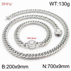 Silver Color Stainless Steel Cuban Chain CNC Stone Clasp700×9mm Necklace 200×9mm Bracelet For Men Women Fashion Jewelry Sets - KS204002-Z
