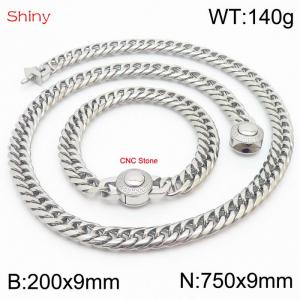 Silver Color Stainless Steel Cuban Chain CNC Stone Clasp 750×9mm Necklace 200×9mm Bracelet For Men Women Fashion Jewelry Sets - KS204003-Z