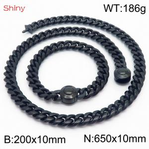 Hip hop style stainless steel 10mm polished Cuban chain plated with black  men's bracelet necklace two-piece set - KS204030-Z