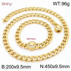 Hip Hop style polished stainless steel Cuban chain gold diamond necklace bracelet set two-piece set - KS204054-Z