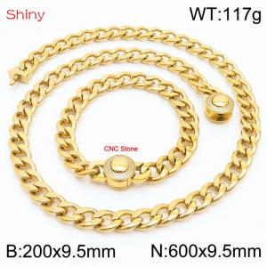 Hip Hop style polished stainless steel Cuban chain gold diamond necklace bracelet set two-piece set - KS204057-Z