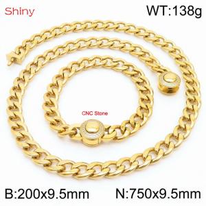 Hip Hop style polished stainless steel Cuban chain gold diamond necklace bracelet set two-piece set - KS204060-Z