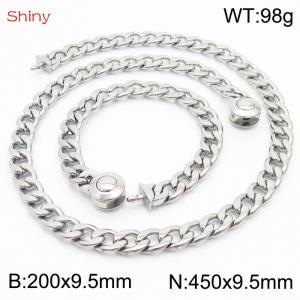 Hip hop style polished stainless steel Cuban chain silver men's necklace bracelet combination two-piece set - KS204082-Z