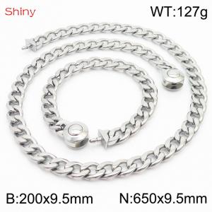 Hip hop style polished stainless steel Cuban chain silver men's necklace bracelet combination two-piece set - KS204086-Z