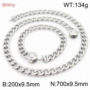 Hip hop style polished stainless steel Cuban chain silver men's necklace bracelet combination two-piece set - KS204087-Z