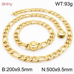 Fashionable stainless steel 200x9.5mm&500x9.5mm3：1 thick chain circular polished buckle jewelry charm gold set - KS204097-Z