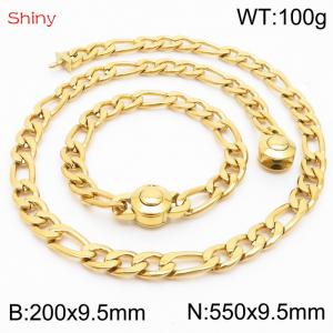 Fashionable stainless steel 200x9.5mm&550x9.5mm3：1 thick chain circular polished buckle jewelry charm gold set - KS204098-Z