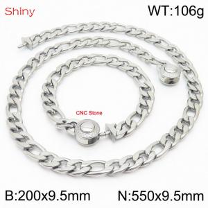 Fashion stainless steel 200x9.5mm&550x9.5mm3：1 thick chain circular polished buckle jewelry charm silver set - KS204126-Z