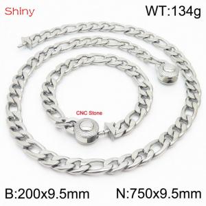 Fashion stainless steel 200x9.5mm&750x9.5mm3：1 thick chain circular polished buckle jewelry charm silver set - KS204130-Z