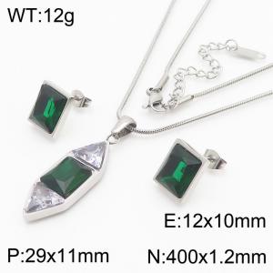 Fashionable stainless steel Hexagonal prism inlaid with triangular transparent diamond and square green gem jewelry pendant charm 2-piece silver set - KS204173-KLX