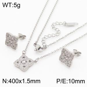 Fashionable stainless steel inlaid diamond flower pendant jewelry charm 2-piece silver set - KS204177-KLX