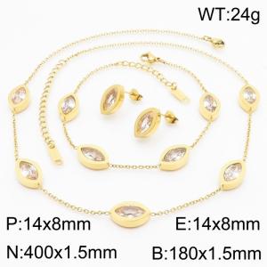 Fashionable stainless steel oval inlaid pink transparent brick and stone jewelry charm 3-piece gold set - KS204179-KLX