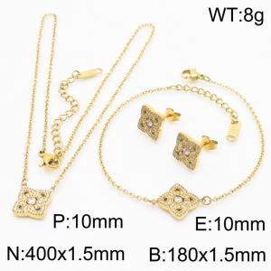 Fashionable stainless steel inlaid diamond flower pendant jewelry charm 3-piece gold set - KS204182-KLX