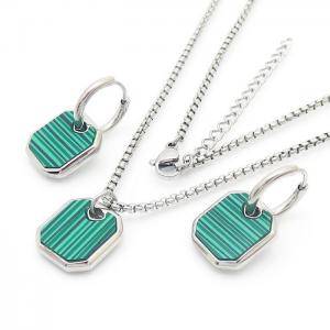 Malachite Earring & Pendant Necklace Jewelry Set Women Stainless Steel 304 Silver Color - KS204190-YX