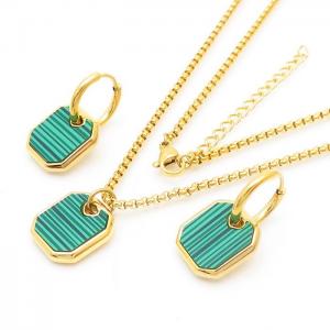 Malachite Earring & Pendant Necklace Jewelry Set Women Stainless Steel 304 Gold Color - KS204191-YX