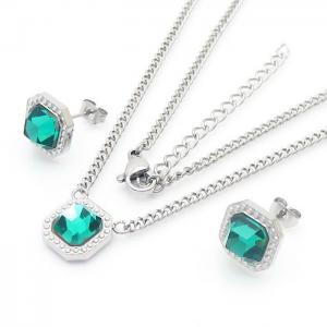 Simple Green Blass Earring & Pendant Necklace Women Stainless Steel Silver Color - KS204192-YX