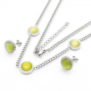 Yellow Tiger Eye Pendant Necklace & Earring Jewelry Set Women Stainless Steel Silver Color - KS204198-YX