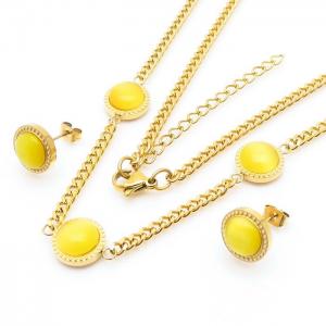 Yellow Tiger Eye Pendant Necklace & Earring Jewelry Set Women Stainless Steel Gold Color - KS204199-YX