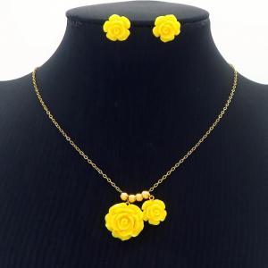 Rose Flower Pendant Necklace & Earring Jewelry Set Women Stainless Steel 304 Gold Color - KS204203-BI