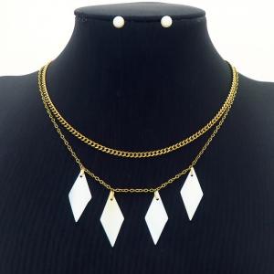 Geometric Rhombus Double Layer Chain Necklace With Pearl Earring Jewelry Set Women Stainless Steel 304 Gold Color - KS204208-BI