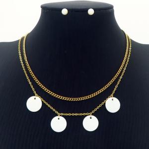 Geometric Round Double Layer Chain Necklace With Pearl Earring Jewelry Set Women Stainless Steel 304 Gold Color - KS204209-BI