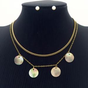 Geometric Round Double Layer Chain Necklace With Pearl Earring Jewelry Set Women Stainless Steel 304 Gold Color - KS204210-BI