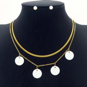 Geometric Round Double Layer Chain Necklace With Pearl Earring Jewelry Set Women Stainless Steel 304 Gold Color - KS204211-BI